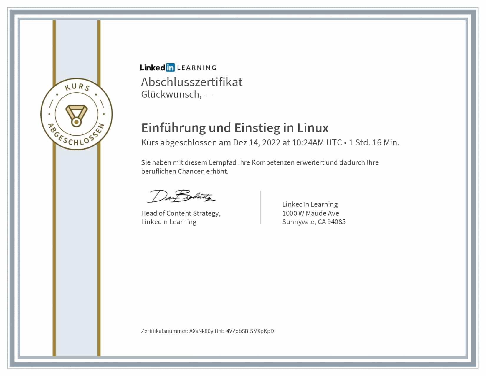 LinkedIn Learning Zertifikat: Einführung und Einstieg in Linux