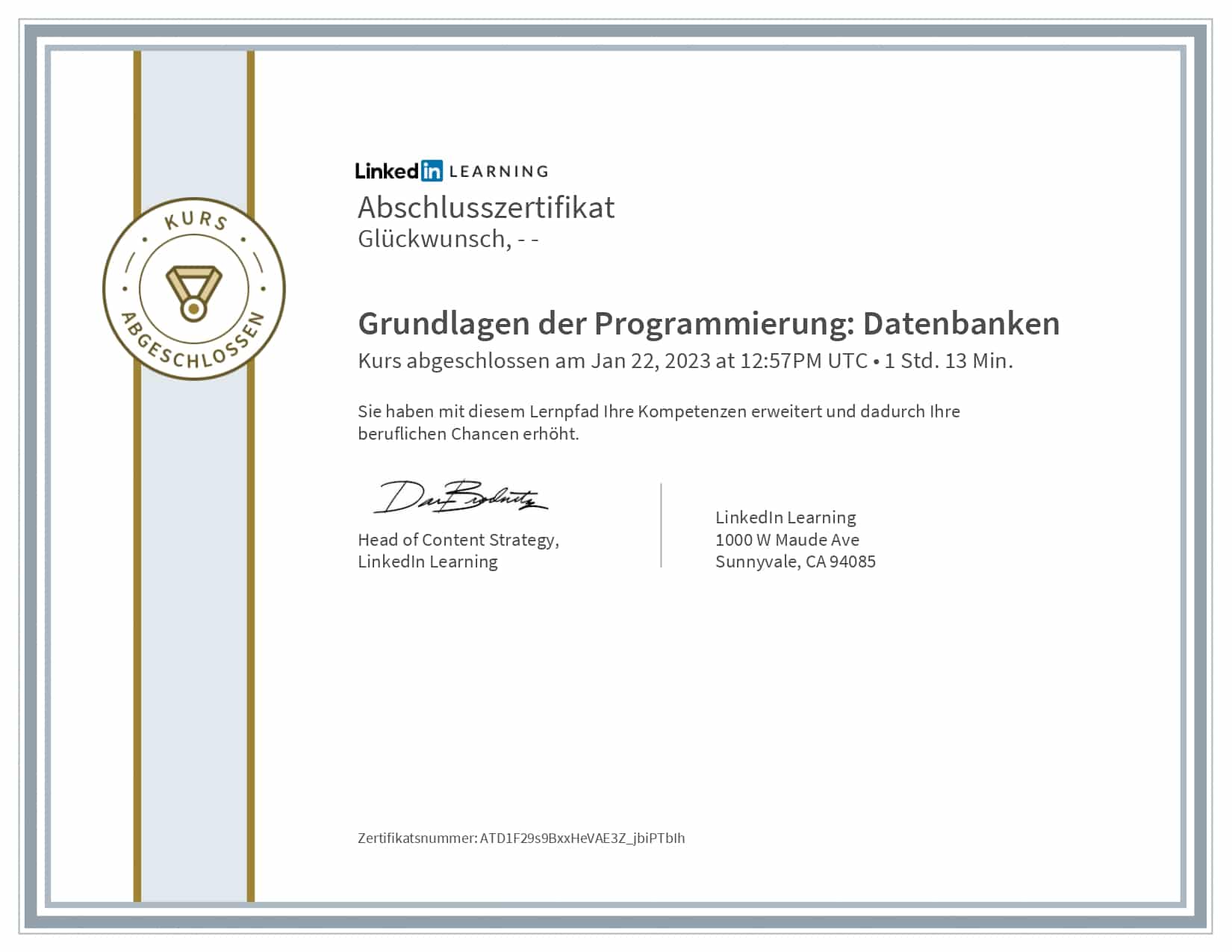 LinkedIn Learning Zertifikat: Grundlagen der Programmierung Datenbanken
