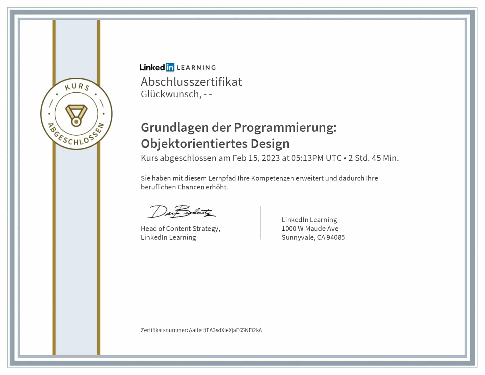 LinkedIn Learning Zertifikat: Grundlagen der Programmierung Objektorientiertes Design